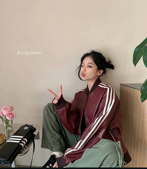 Stripes Crop PU Leather Jacket